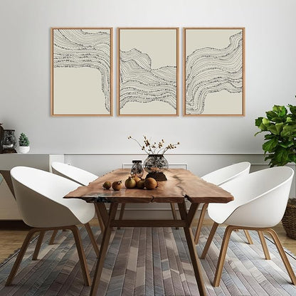HLNIUC Neutral Abstract Framed Canvas Wall Art Set, Black Beige Wave Line Wall Decor, Large Minimalist Painting, Modern Geometric Art Print for Living Room, Bedroom, Dinning Room, Office - 16"x24"x3