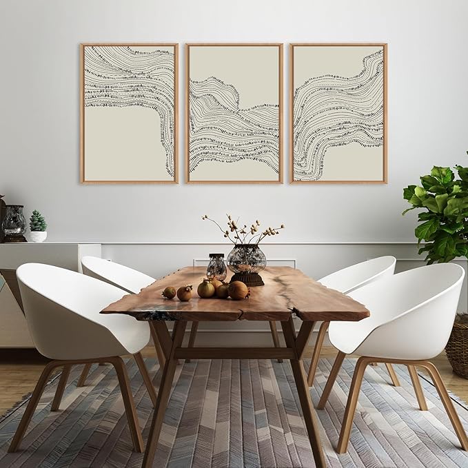 HLNIUC Neutral Abstract Framed Canvas Wall Art Set, Black Beige Wave Line Wall Decor, Large Minimalist Painting, Modern Geometric Art Print for Living Room, Bedroom, Dinning Room, Office - 24"x36"x3