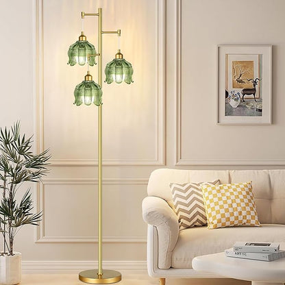 Gold Floor Lamp for Living Room Bedroom,3 Lights Modern Floor Lamps with Unique Green Glass Shades,68IN Mid Century Tall Standing Lamp,Vintage Tree Floor Lamp for Corner Office Reading Bulb Included
