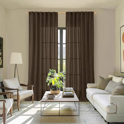 YoungsTex Brown Linen Curtains 80 Inch Length for Living Room, Semi Sheer Window Drapes with Rod Pocket Back Tab Light Filtering for Farmhouse Dining Room Bedroom, 2 Panels, 52 X 80 Inch