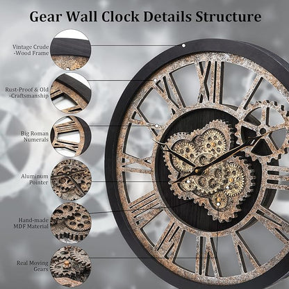 HOIBAI Large Wall Clock, Wall Clocks for Living Room Decor 20 Inch Farmhouse Vintage Rustic Kitchen Wall Decor Vintage Roman Oversized Wall Clock for Home Bedroom House Office, Moving Gears Clock