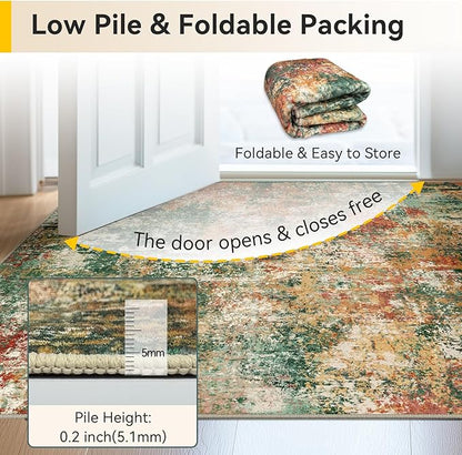Washable Area Rugs 6ft Non-Slip Modern Abstract Soft for Living Room Entryway Bedroom Nursery, Print Pattern, Green Orange Rust Red Cream Colorful