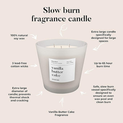 Hidden Label Large Scented Candle, Vanilla Butter Cake, 30oz 3 Wick Huge Candle, Serene Collection Slow Burn Natural Soy Candles for Home Scented