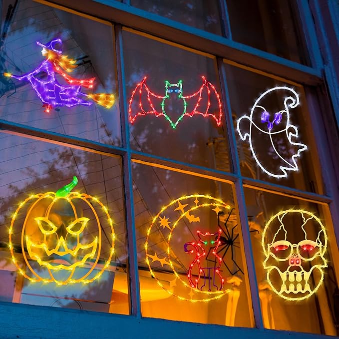 16" Halloween Window Silhouette Lights - 6 Pack Colour Lighted Cat on Moon & Skull Head & Bat & Witch & Pumpkin & Ghost for Holiday Indoor and Outdoor Wall Door Window Decorate