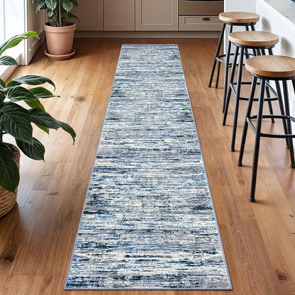 Modern Abstract Runner Rug 2x10, Grey Blue White Washable Long Kitchen Runner Non-Slip Soft Hallway Rug Runner Thin Print Faux Wool Carpet for Entryway Bedroom Laundry Room Indoor Home Decor