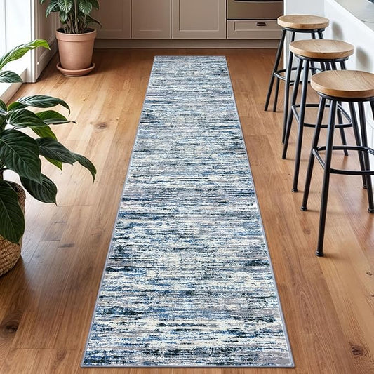 Modern Abstract Runner Rug 2x10, Grey Blue White Washable Long Kitchen Runner Non-Slip Soft Hallway Rug Runner Thin Print Faux Wool Carpet for Entryway Bedroom Laundry Room Indoor Home Decor