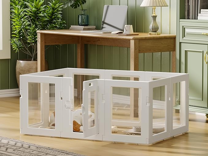 Clear Acrylic Dog Playpen Indoor, Puppy Cat Small Pet Play Pen, Easy Assemble & Disassemble Sturdy Plastic Dog Fence with Heavy Duty Door Lock (24In H, 10PCS), White