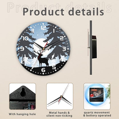 Moonlight Elk Deer Wall Clock, Contemporary Home Decor Easy to Read Wall Clock for Living Room, Bedroom, Bathroom and Kitchen, 10 Inch