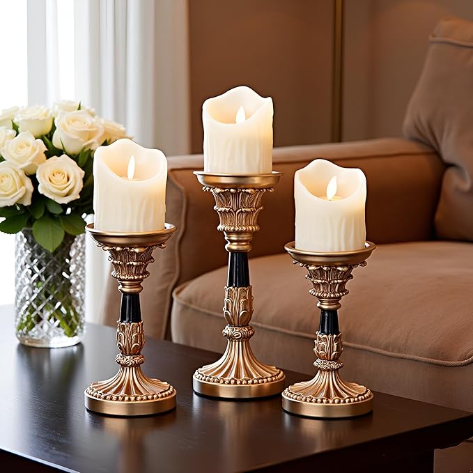 Resin Candle Holder Set of 3 - Christmas Home Decor Column Candle Stands, Vintage Palace Style, Coffee Table Centerpiece, Suitable for Fireplace, Living Room, or Dining Table
