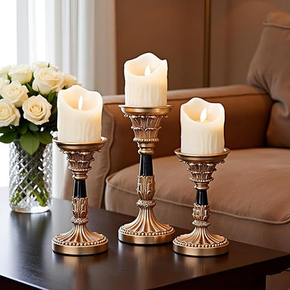 Resin Candle Holder Set of 3 - Christmas Home Decor Column Candle Stands, Vintage Palace Style, Coffee Table Centerpiece, Suitable for Fireplace, Living Room, or Dining Table