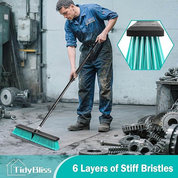 18” Push Broom Outdoor Heavy Duty, Large Commercial Stiff Bristle Brush with 63 inches Long Handle for Garage Shop Garden Yard Patio Deck Street Warehouse Lawn Driveway (Green)
