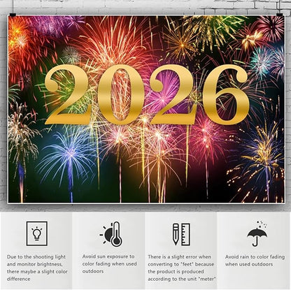 YongFoto 2026 Happy New Year Backdrop 10x5ft Glorious Night Sky Fireworks Photography Background Christmas Night Festival Carnival Family Party Banquet Decor Banner Photoshoot Wallpaper Photo Booth