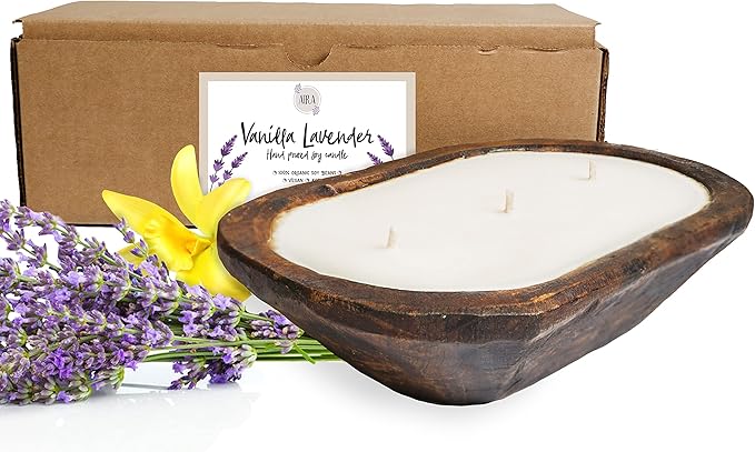 Aira Dough Bowl Candle - Organic, Kosher, Vegan, Hand Carved Wood Bowl Candle w/Aromatherapy Essential Oils - Hand-Poured 100% Soy Candle Wax - Paraffin Free, Long Lasting - Vanilla Lavender - 13 Oz