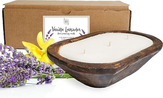 Aira Dough Bowl Candle - Organic, Kosher, Vegan, Hand Carved Wood Bowl Candle w/Aromatherapy Essential Oils - Hand-Poured 100% Soy Candle Wax - Paraffin Free, Long Lasting - Vanilla Lavender - 13 Oz