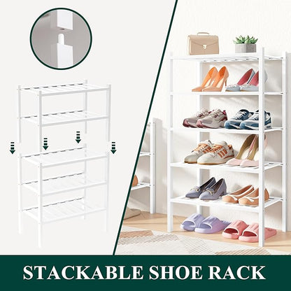 Smiry Bamboo Shoe Rack for Closet, 2 Tier Long Wooden Stackable Shoe Organizer, Free Standing Shoes Storage Shelf for Entryway, Front Door Entrance, White
