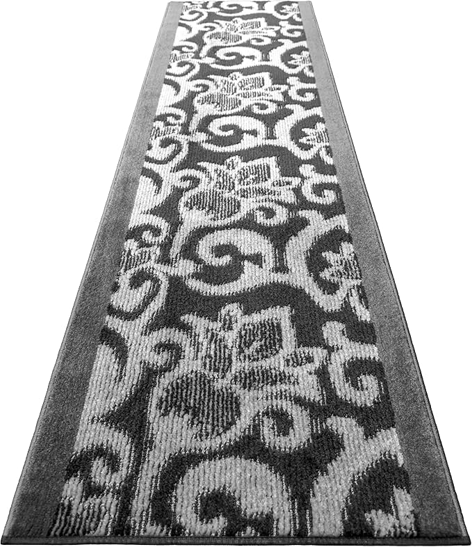 10 Ft Long Non-Slip Washable Carpet Runner Rug with Rubber Backing, Custom Floor Mat for Kitchen Hallway Stairs Bedroom Bathroom Entryway, Your Choice of Length, Lily Anthracite (26" X 10')