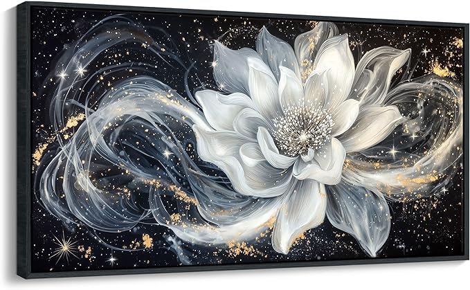 QZQCBLC Large Framed Wall Art, Black and White Lotus Wall Art Modern Abstract Flower Pictures Gold Silver Canvas Painting Artwork for Living room Bedroom kitchen Home Office Decor 29x58 IN