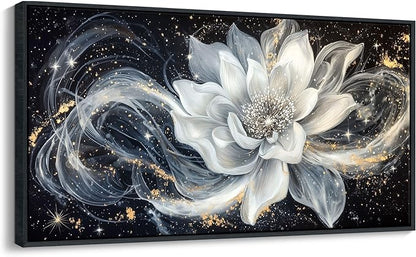 QZQCBLC Abstract Flower Wall Art, Black and White Gold Simplicity Framed Canvas Painting Large White Lotus Modern Pictures Artwork for Living room Bedroom kitchen Home Office Decor 24x48 IN