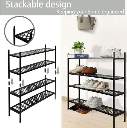 Shoe Rack For Closet, Expandable Shoes Organizer Metal Shelf Stand, 2 Tier Stackable Long Shoe Storage Holder For Floor, Entryway, Garage, Bedroom, Door Entrance For 12-18 Pairs, 45.6 inches Black