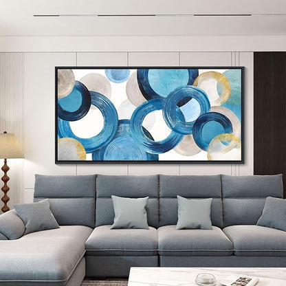 HKDGOKA Large Wall Art Living Room - Framed Abstract Canvas Wall Art Bedroom Teal Blue Circle Fantasy Painting Artwork Pictures Ready to Hang for Kitchen Bathroom Office Home Decor 29x58 In