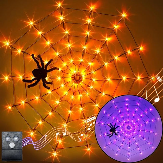 Vanthylit Halloween Decorations, Spider Web Lights Motion-Activated Sensor, 4FT 84LED Light Up Spider Web with Black Spider, Halloween Lights for Window Indoor Outdoor Horror Decor(Orange & Purple)
