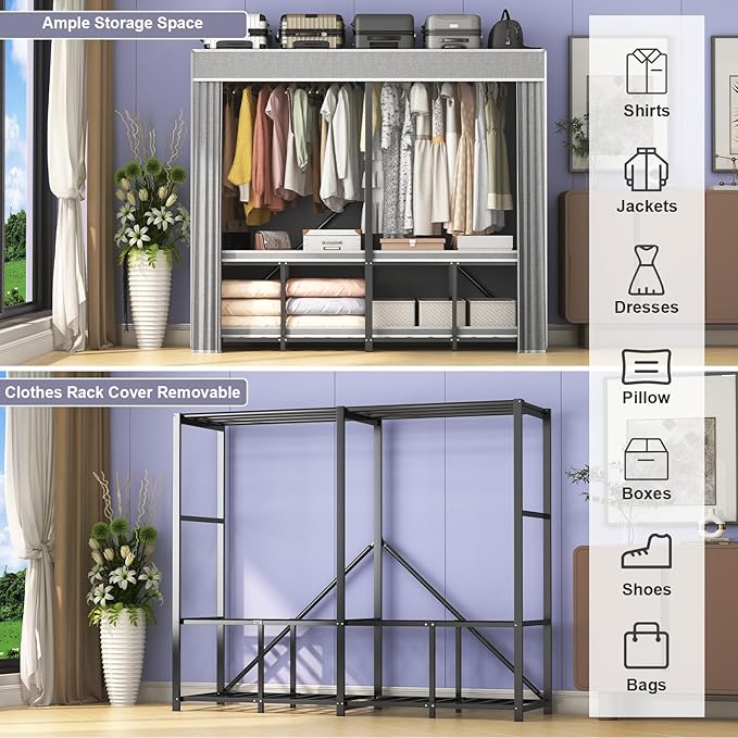 95% Assembeld Heavy Duty Clothes Rack, 66" L Premium Metal Strong Garment Rack with Cover, Portable Foldable Freestanding Clothes Racks for Hanging Clothes, Black