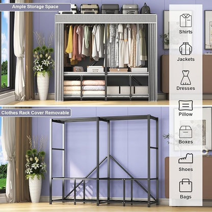 95% Assembeld Strong Garment Rack, 59" L Premium Metal Clothes Organizers and Storage, Portable Foldable Freestanding Heavy Duty Clothes Rack with Cover,Black