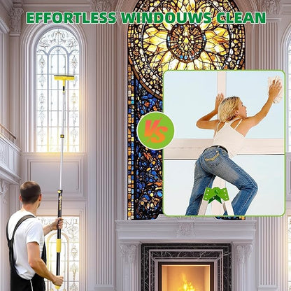 144'' Long Reach Window Squeegee with Telescoping Extension Pole,2 in 1 Shower Cleaning with Telescopic Pole,Extension Washing Tool with Rotatable Clean Head for Indoor/Outdoor High Window Glass