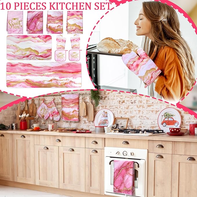 10 Pcs Christmas Marble Farmhouse Kitchen Decor Accessories Set Marble Kitchen Dish Towels Rugs Oven Mitts and Pot Holders Sets for Cooking Baking Daughter Mom Gift(Pink)