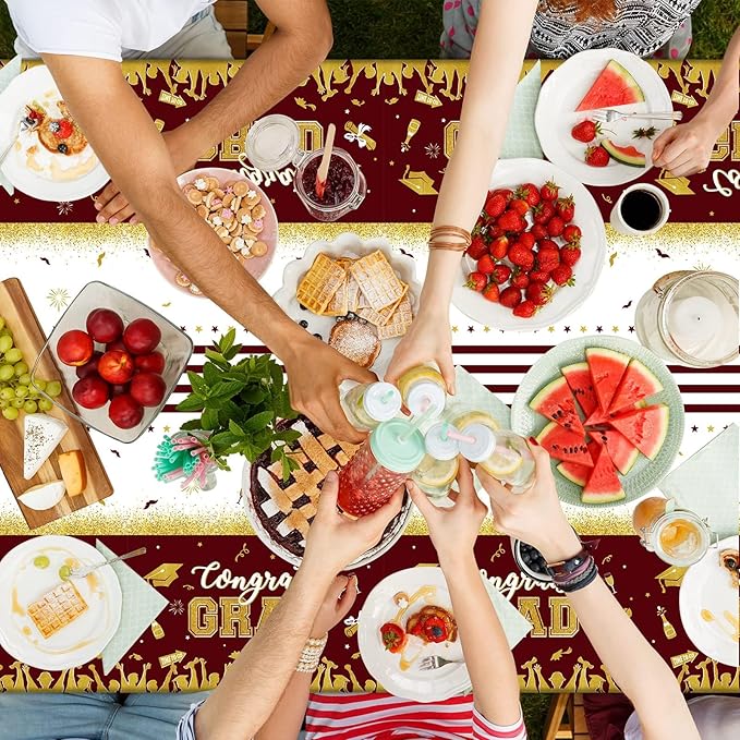chiazllta Set of 3 Graduation Tablecloths Class of 2025 Congrats Grad Maroon Graduation Party Tablecover Decorations Party Supplies Large Size Plastic 54"x108"(Maroon & Gold)