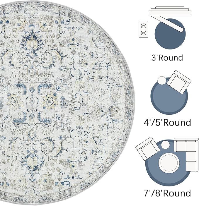 jinchan Round Rug 8ft Area Rug Washable Vintage Indoor Retro Accent Floor Cover Distressed Floral 8' Round Circle Boho Non Slip Thin Carpet for Living Room Dining Room Bedroom Kitchen Blue