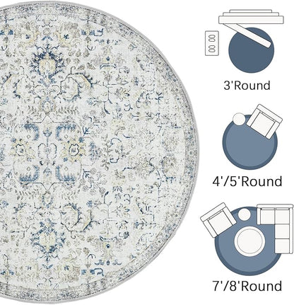 jinchan Round Rug 4ft Area Rug Washable Vintage Indoor Retro Accent Entryway Floor Cover Distressed Floral 4' Round Circle Boho Non Slip Thin Carpet for Kitchen Bedroom Living Room Dining Room Blue