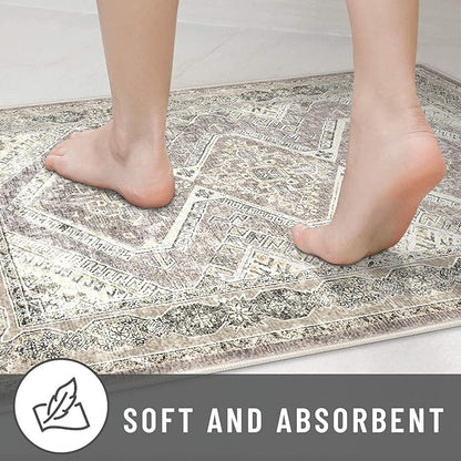 KUTA Extra Long Runner Rug for Hallway 2.6x18ft, Oriental Washable Kitchen Rugs, Ivory Grey Yellow Brown Non-Slip Stair Runners Indoor Soft Printed Vintage Carpet for Bedroom Living Room Nursery