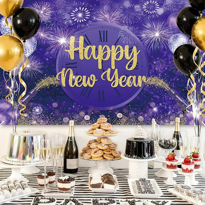 MEHOFOND Happy New Year Backdrop Purple 2025 New Year Eve Party Decorations Banner Supplies Shining Champagne Balloons Firework Photography Background New Years Eve Photo Studio Props 6 x 3.6 ft