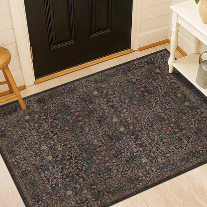 Vintage Dark Brown 3x4 Entryway Rug, Washable Small Area Rugs for Entryway, Kitchen, Bathroom, Door Mat, Indoor Entrance, Oriental Floral Low Pile Stain Resistant Non-Slip Large Rug