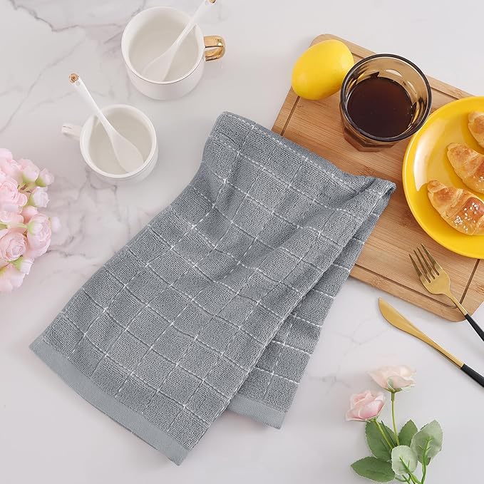 Mordimy 100% Cotton Terry Cloth Kitchen Towels, Super Soft and Absorbent Dish Towels for Drying, Checkered Designed Hand Towels for Kitchen, 16 x 26 Inches, 4 Pack, Light Grey