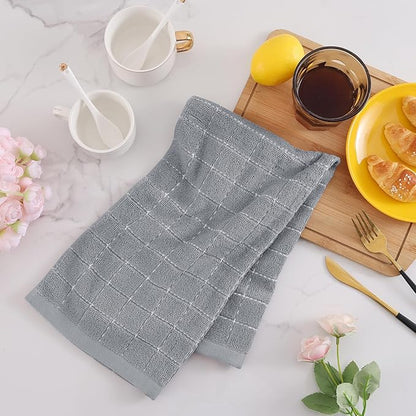 Mordimy 100% Cotton Terry Cloth Kitchen Towels, Super Soft and Absorbent Dish Towels for Drying, Checkered Designed Hand Towels for Kitchen, 16 x 26 Inches, 8 Pack, Light Grey
