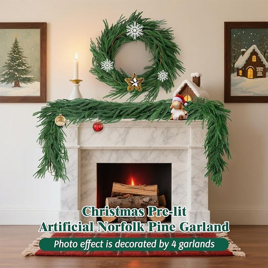 2 Pcs 6 Ft Norfolk Pine Garlands, Christmas Garlands, Real Touch Winter Pine Garland, Artificial Faux Greenery Garland for Table, Mantle, Wall, Staircase, Indoor, Outdoor Christmas Decorations