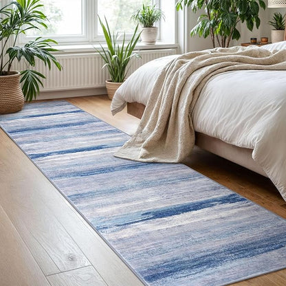 KOZYFLY Modern Abstract Hallway Runner Rug, 2x8 Washable Rug Runner Non-Slip Soft Striped Kitchen Runner Rugs, Print Blue/Grey/Beige Carpet Runner for Entryway Bathroom Laundry Room Foyer