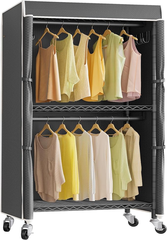 VIPEK R2C Heavy Duty Rolling Garment Rack with Cover, Portable Closets with Double Rods & Lockable Wheels, Covered Clothing Rack for Hanging Clothes, Black Rack with Black Upgarded Polyester Cover