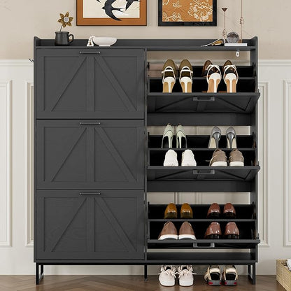 Shoe Cabinet with 6 Flip Drawers Narrow Shoe Storage Cabinet Organizer Wooden Freestanding Shoe Rack Hidden Slim Shoes Storage Cabinet for Entryway, Hallway, Living Room, Bedroom