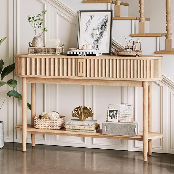 LINSY Fluted Console Table with Storage, Entryway Table Wood Entrance Tables for Front Door, Behind Couch Sofa Table with Shelves, Foyer Tables for Hallways, Living Room Boho Furniture, Light Wood