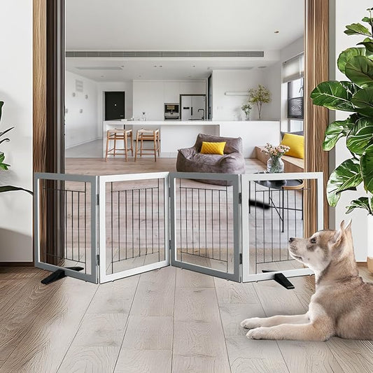 ZJSF Freestanding Dog Gate Indoor, Foldable Dog Fence for Doorways,Hallways or Stairs, Sturdy Wood Extra Wide Pet Gate with Support Feet,Grey,24 "Height-4 Panels