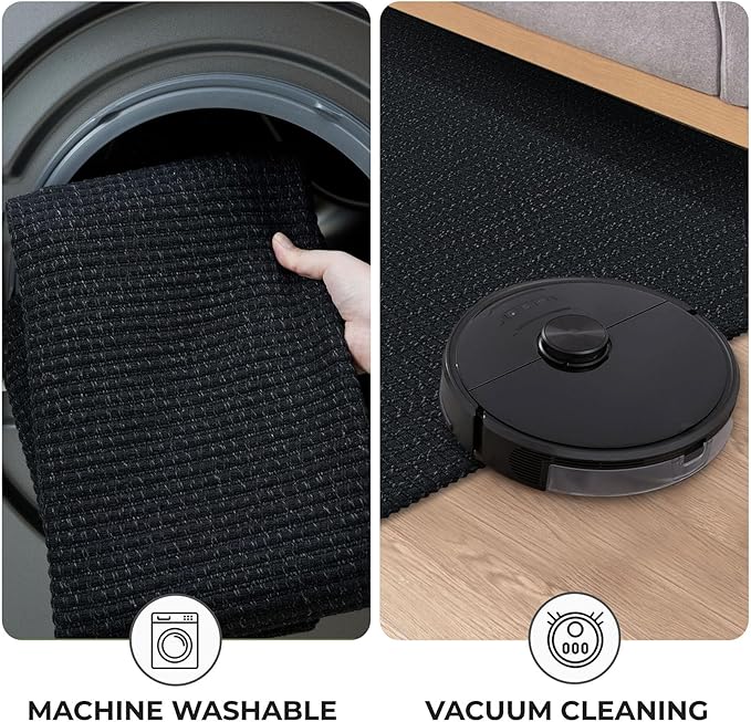 KOZYFLY Runners for Hallways 2x8 ft Washable Kitchen Runner Non Slip Rubber Backed Hall Runners Cotton Entryway Runner Rugs Floor Carpet for Indoor Backdoor Bedroom Kitchen, Black/Dark Grey