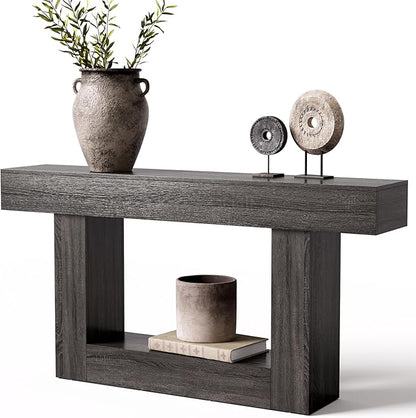 LITTLE TREE 63 Inches Long Console Table, 2-Tier Farmhouse Sofa Table Behind Couch, Large Narrow Entryway Table for Living Room, Wooden Hallway Foyer Table with Heavy Duty Base, Grey
