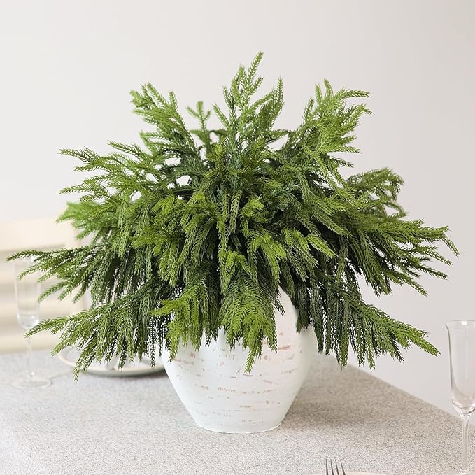 20 Pcs Real Touch Norfolk Pine Branches, Artificial Christmas Green Plants Branch Faux Greenery Stem Fake Pine Picks for Vase DIY Crafts Garland Wreath Xmas Indoor Outdoor Decor(18 Inches)