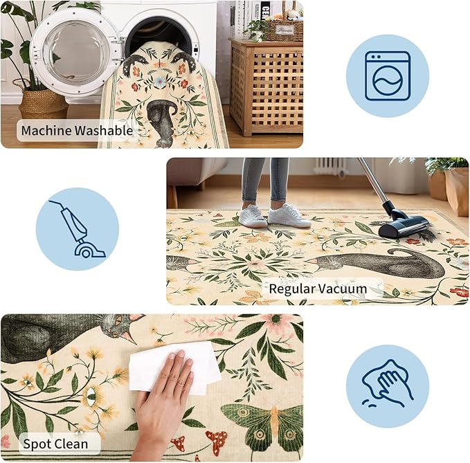 GarveeHome Cat Entryway Rug, 2x3 Mushroom Insect Beige Washable Front Door Rug Indoor Entrance Floral Carpet Non-Slip Low Pile Throw Rugs for Kitchen Floor, Powder Room, Entry, Bathroom, Kids Room