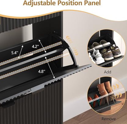 Shoe Cabinet Storage for Entryway with 2 Flip Drawers, Black Fluted Shoe Cabinet with Open Storage, Wooden Hidden Shoe Rack Freestanding Narrow Slim Shoes Organizer for Hallway, Entrance