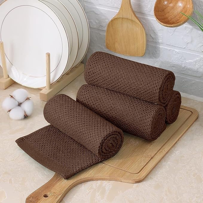Kitinjoy 100% Cotton Kitchen Towels and Dishcloths Set, 8 Pack Waffle Weave Dish Towels Ultra Soft Absorbent Quick Drying Dish Rags, 13 x 28 Inch and 12 X 12 Inch, Coffee
