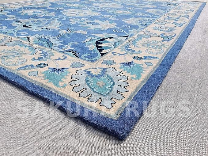 Turkish Oushak – Classic Handcrafted Carpet with Vintage Pattern, Ideal for Bedroom, Living Room & Elegant Décor(Sky Blue, 9' Round')